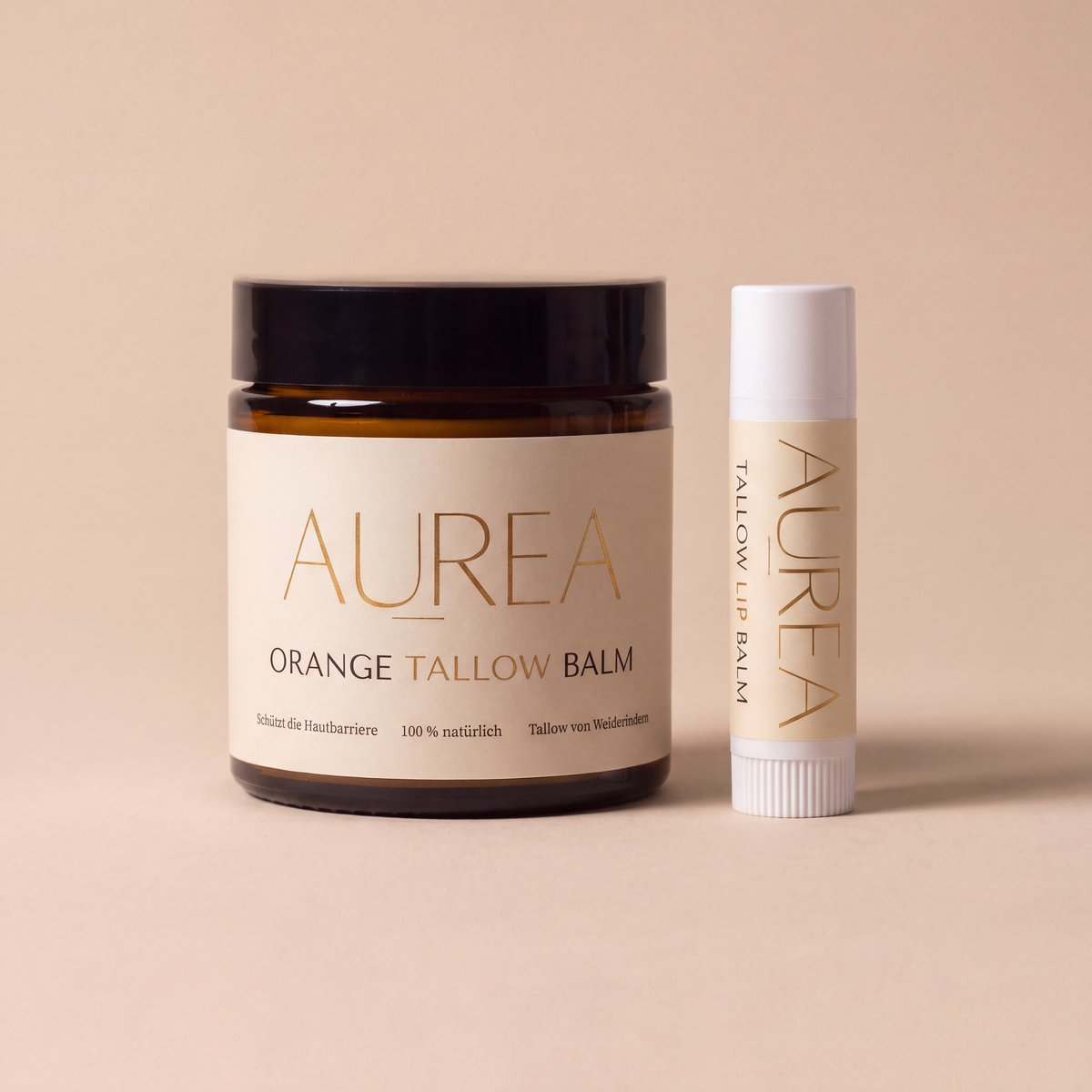 Aurea Duo mit Orange Tallow Balm 120 ml und Tallow Lip Balm nebeneinander